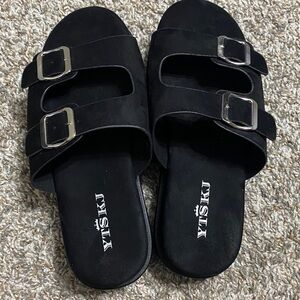 Black Double Strap Sandals with Buckles